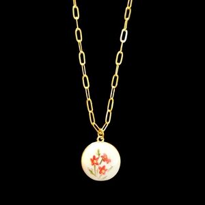 NWT - 18k Gold French Red Floral Tile Pendant Necklace